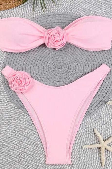 Womens Pink Bikini Set With Rose Detail Bandeau