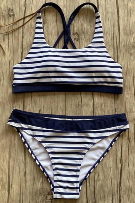 Navy Blue Striped Two-piece Swimsuit For Women