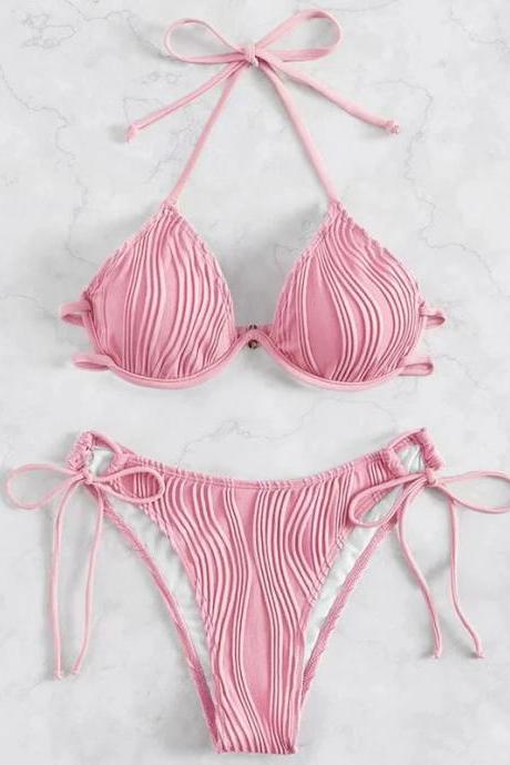 Womens Striped Pink Bikini Set With Tie Closures