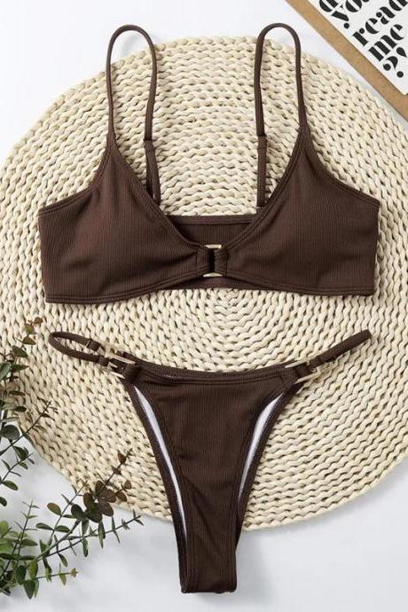 Womens Ribbed Bikini Set With Front Knot Detail