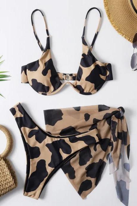 Womens Camouflage Print Bikini Set With Sarong Cover-up