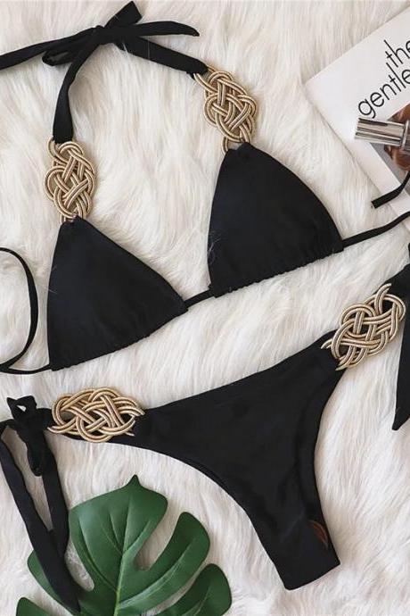 Elegant Black Bikini With Gold-tone Chain Accents