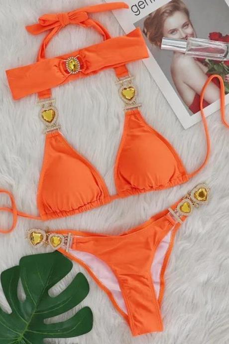 Womens Orange Bikini Set With Heart Jewel Accents