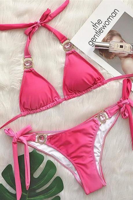 Womens Pink Halter Neck Bikini Swimwear With Jewels