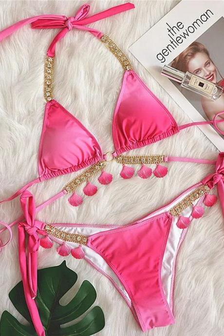 Womens Pink Tasseled Bikini With Rhinestone Accents Set