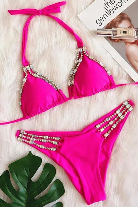 Womens Embellished Pink Bikini Set With Rhinestones