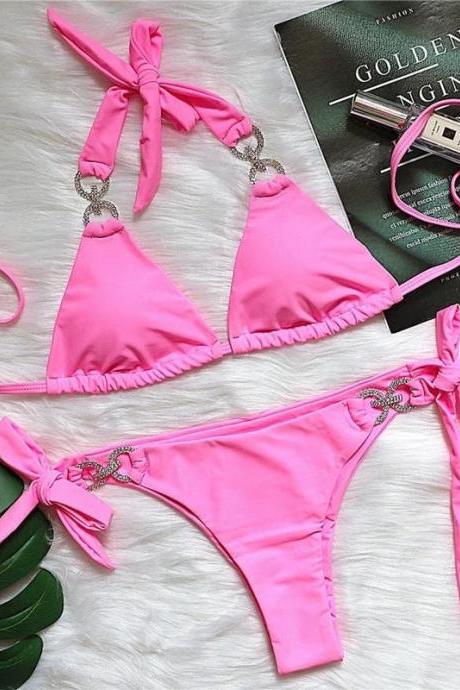 Womens Pink Bikini Set With Tie-up Halter Neck