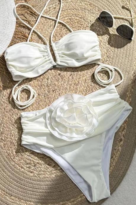 Womens Ruched Bandeau Bikini Set With Floral Accent