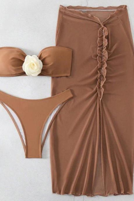 Elegant Brown Three-piece Swimwear Set With Draped Skirt