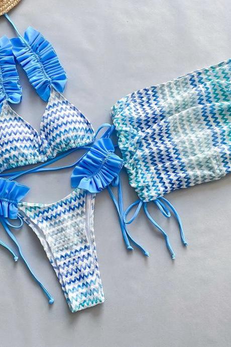 Womens Blue Wave Print Bikini And Cover-up Set