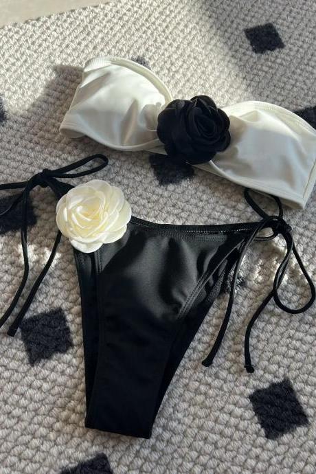 Elegant Two-tone Floral Bikini Set With Tie Sides