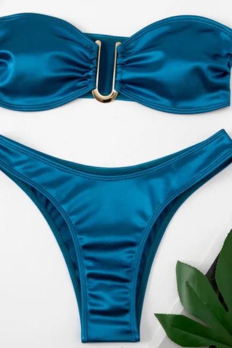Womens Teal Bandeau Bikini Top With Matching Bottoms