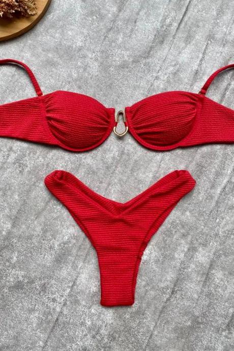 Womens Red Ribbed Bikini Set With Ring Detail