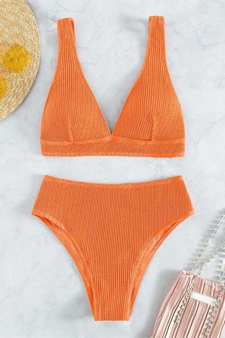 Womens Ribbed Knit Triangle Bikini Set Swimwear Orange