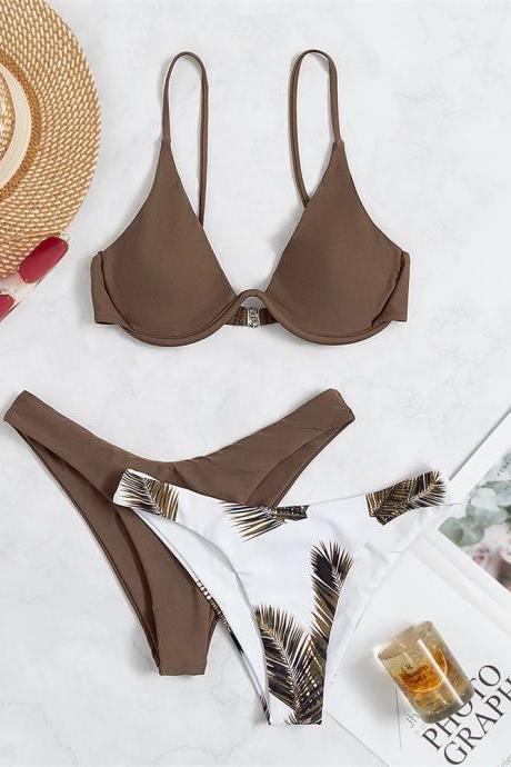 Womens Tropical Print High-waist Bikini Swimwear Set