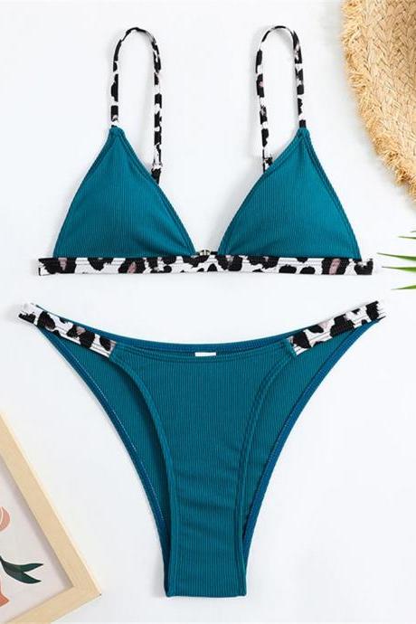 Womens Teal Ribbed Bikini Set With Leopard Print Straps