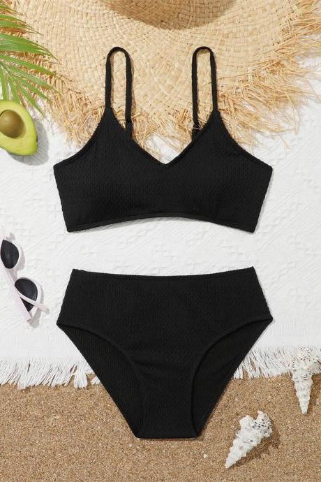 Black Textured High-waisted Bikini Swimwear Set