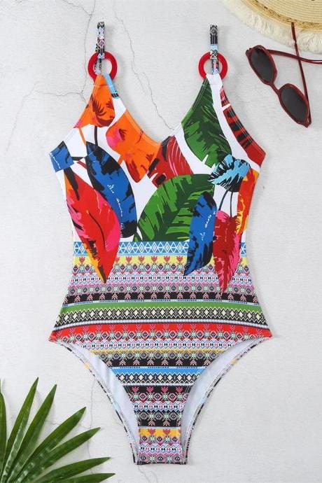 Womens Tropical Print One-piece Swimsuit With Ring Detail