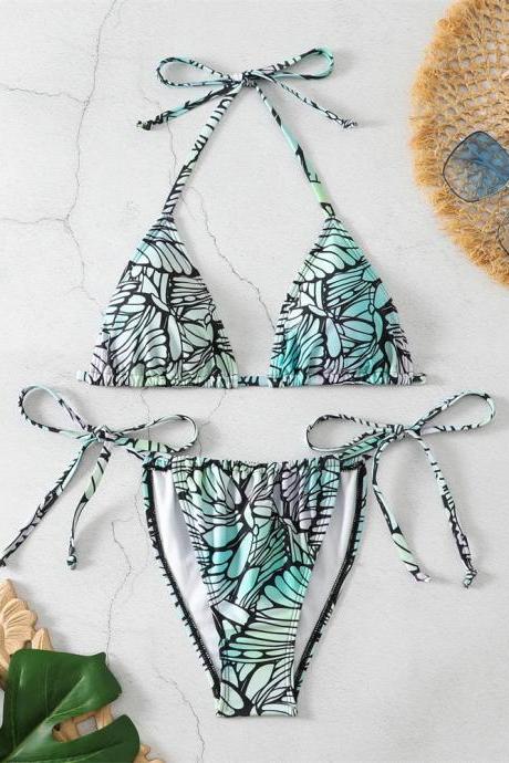 Womens Tropical Leaf Print Bikini Set Swimwear