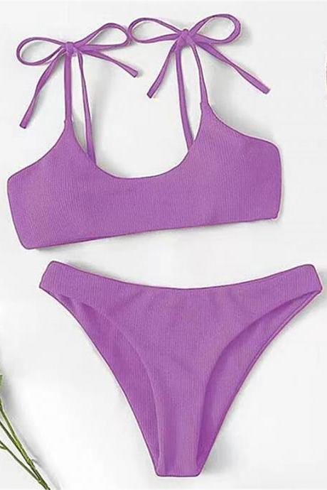 Womens Purple Ribbed Tie-front Bikini Swimwear Set