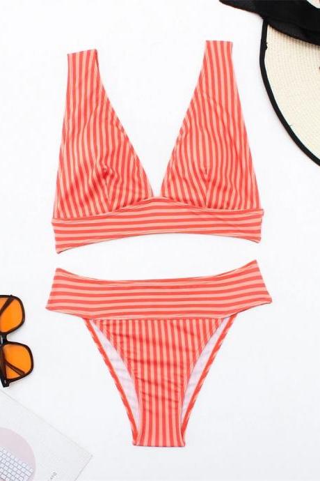 Womens Striped Two-piece Bikini Swimwear Set Red