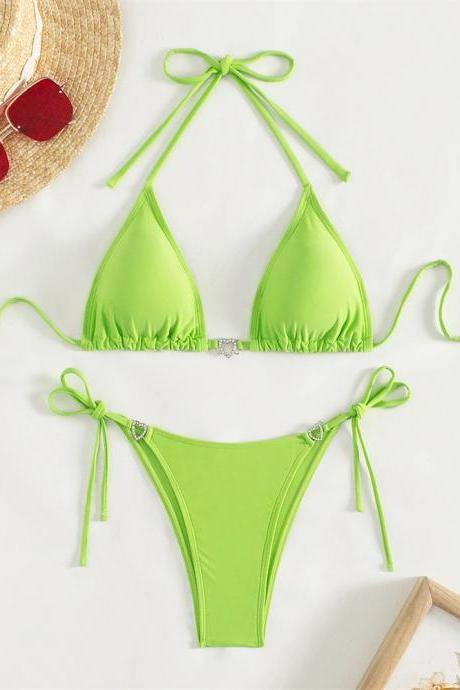 Womens Lime Green Tie-up Bikini Swimsuit Set