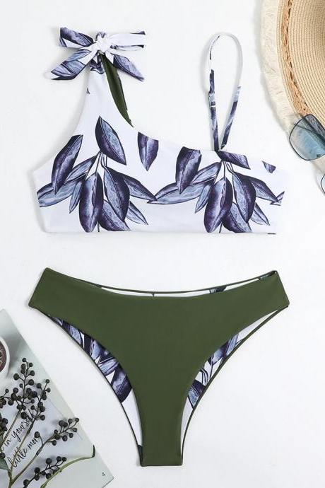 Womens Leaf Print Tie-front Bikini Set Swimwear