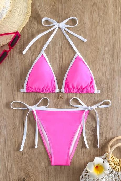 Womens Pink Halter Neck Bikini Set With Tie Closure