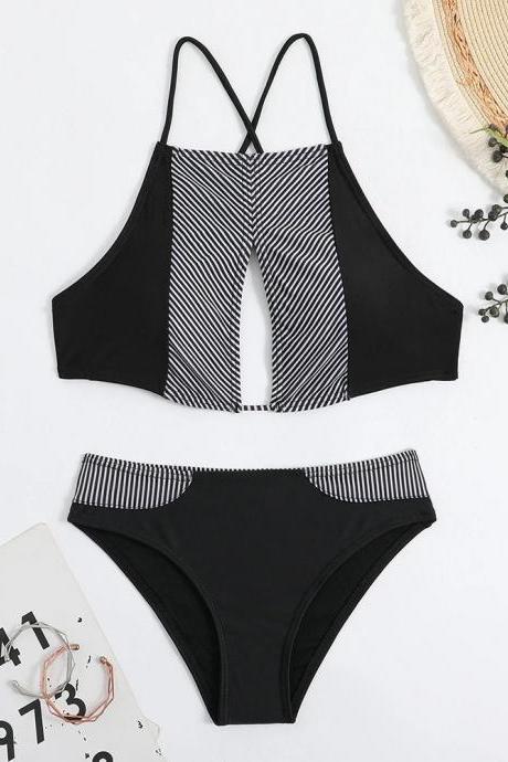 Womens Striped High-waisted Bikini Set Swimwear Two-piece