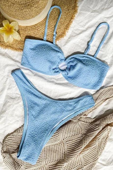 Womens Textured Blue Bikini Set With Bow Detail