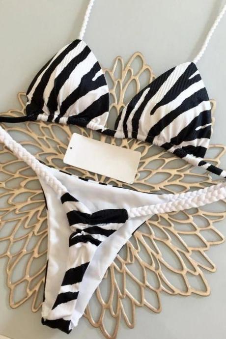 Womens Zebra Print Bikini Set With Braided Straps