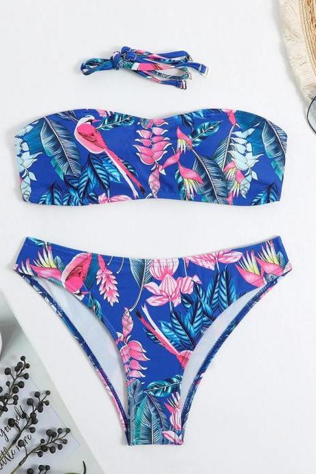 Womens Tropical Bandeau Bikini Set With Tie Straps