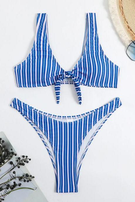 Nautical Stripe Tie-front Bikini Set With High-waisted Bottoms