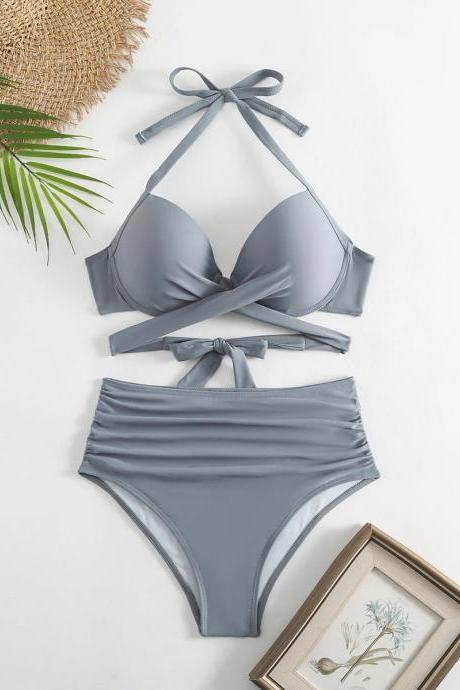 Womens Grey High-waisted Bikini Set With Bow Detail
