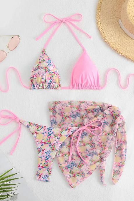 Floral Pink Halter Neck Bikini Set With Sarong
