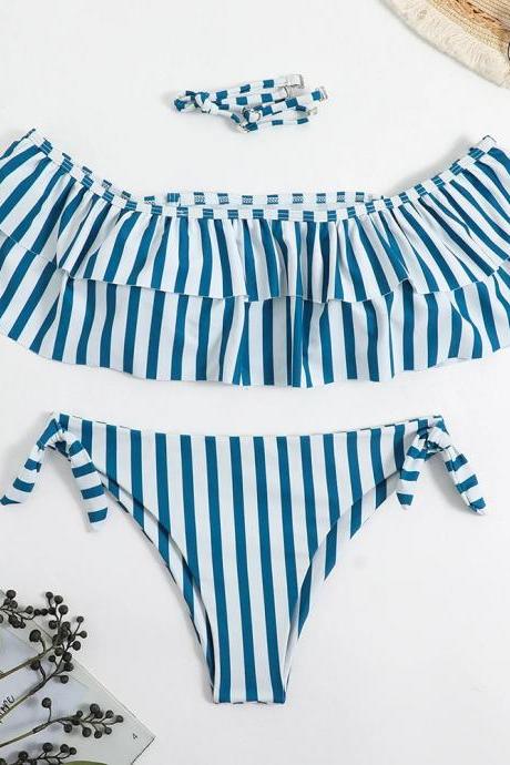 Womens Off-shoulder Ruffle Bikini Set With Stripes