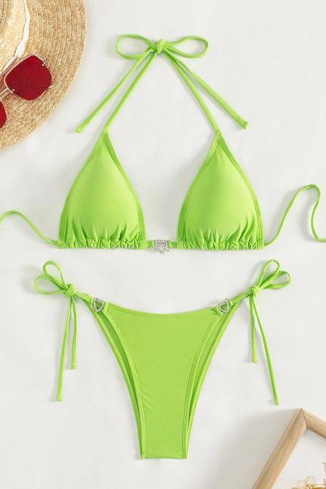 Womens Bright Green Tie-top Bikini Swimwear Set