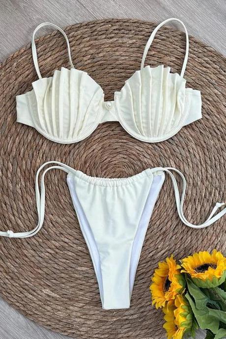 Womens Ruched High-waisted Bikini Set With Adjustable Straps
