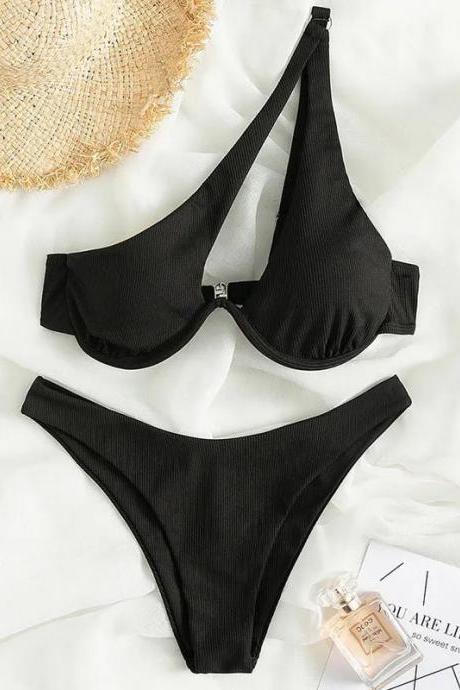 Classic Black Ribbed Bikini Set Womens Swimwear Collection