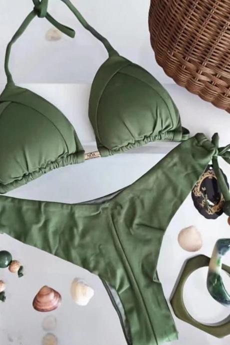 Womens Olive Green Bikini Set With Tie Detailing