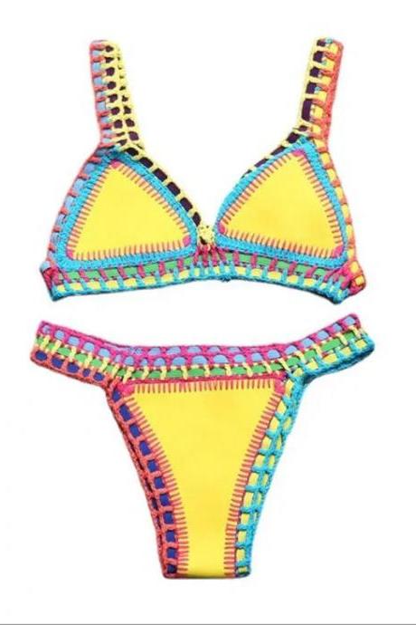 Vibrant Crochet Trim Triangle Bikini Swimwear Set