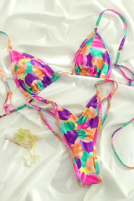 Floral Print Strappy Triangle Bikini Set Swimwear