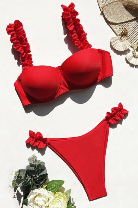 Womens Ruffled Straps Red Bikini Set Swimwear