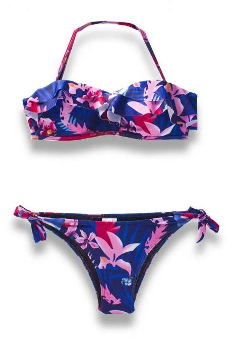 Womens Tropical Print Tie-side Bikini Swimwear Set