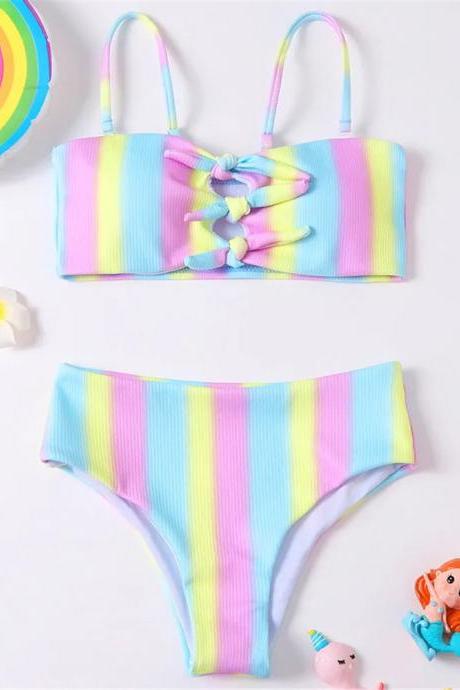 Girls Pastel Rainbow Striped Bikini Swimsuit Set