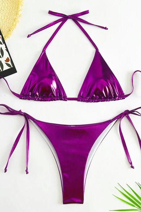 Womens Shiny Metallic Purple Two-piece Bikini Set