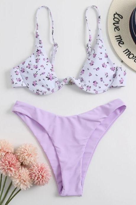 Floral Print Underwire Bikini Set With High-leg Bottom