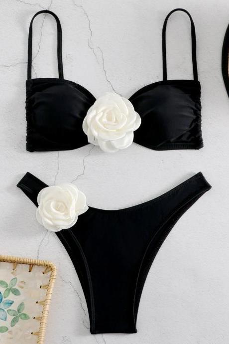 Elegant Black Satin Bralette And Thong Set With Floral Accent