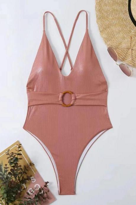 Womens Ribbed One-piece Swimsuit With Front Ring Detail