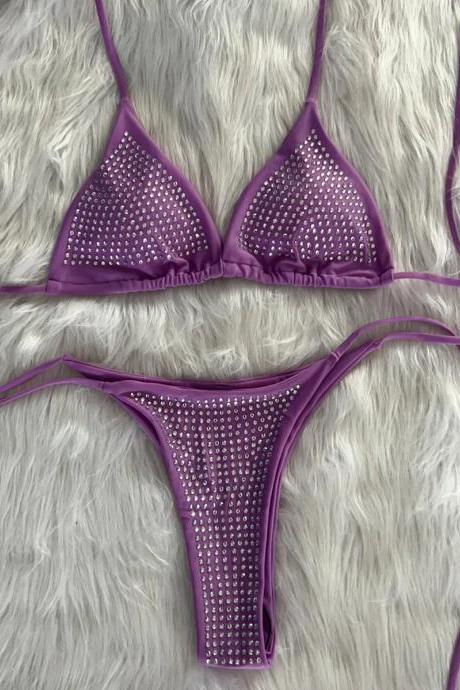 Womens Rhinestone Studded Purple Bikini Set Swimwear